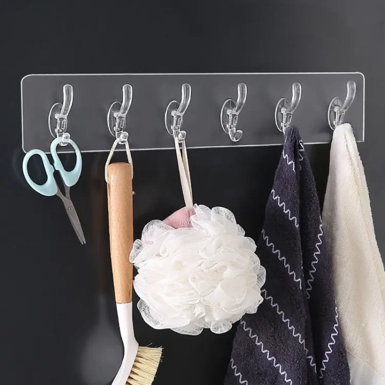 6 Row (Pack of 06) Transparent Wall Hooks Self Adhesive Clothes Coat Door Hanger