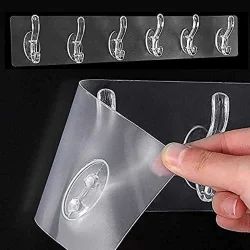 6 Row (Pack of 06) Transparent Wall Hooks Self Adhesive Clothes Coat Door Hanger